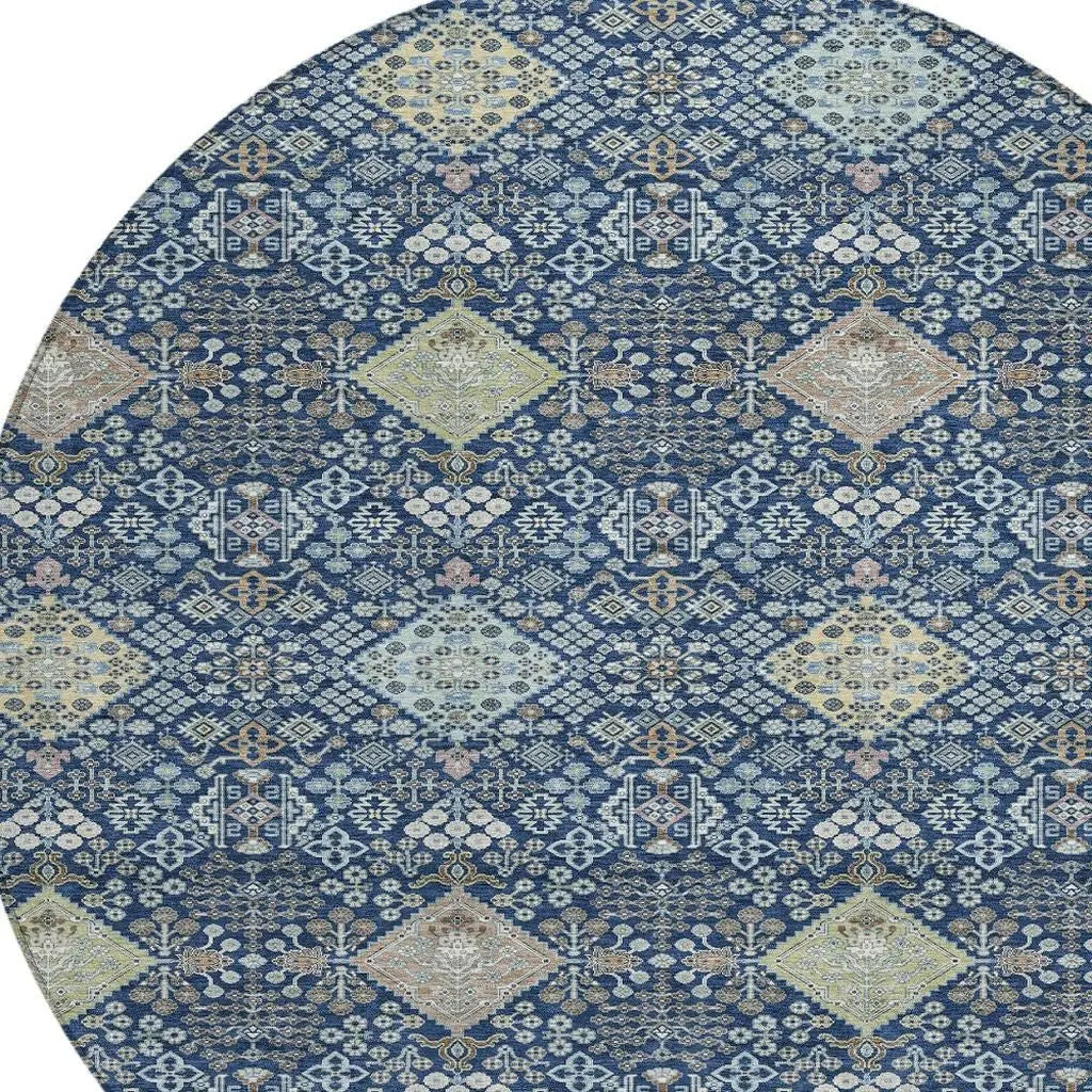 8' Navy Blue And Ivory Round Oriental Washable Indoor Outdoor Area Rug Homeroots Outdoor