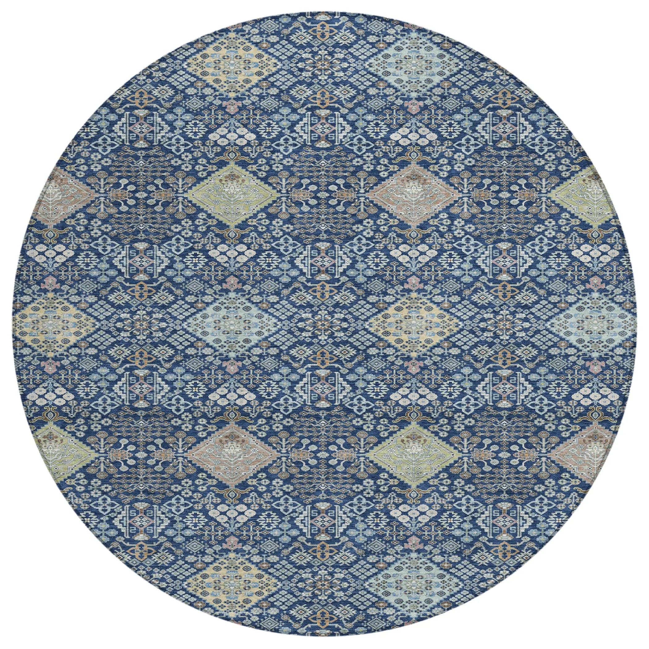 8' Navy Blue And Ivory Round Oriental Washable Indoor Outdoor Area Rug Homeroots Outdoor