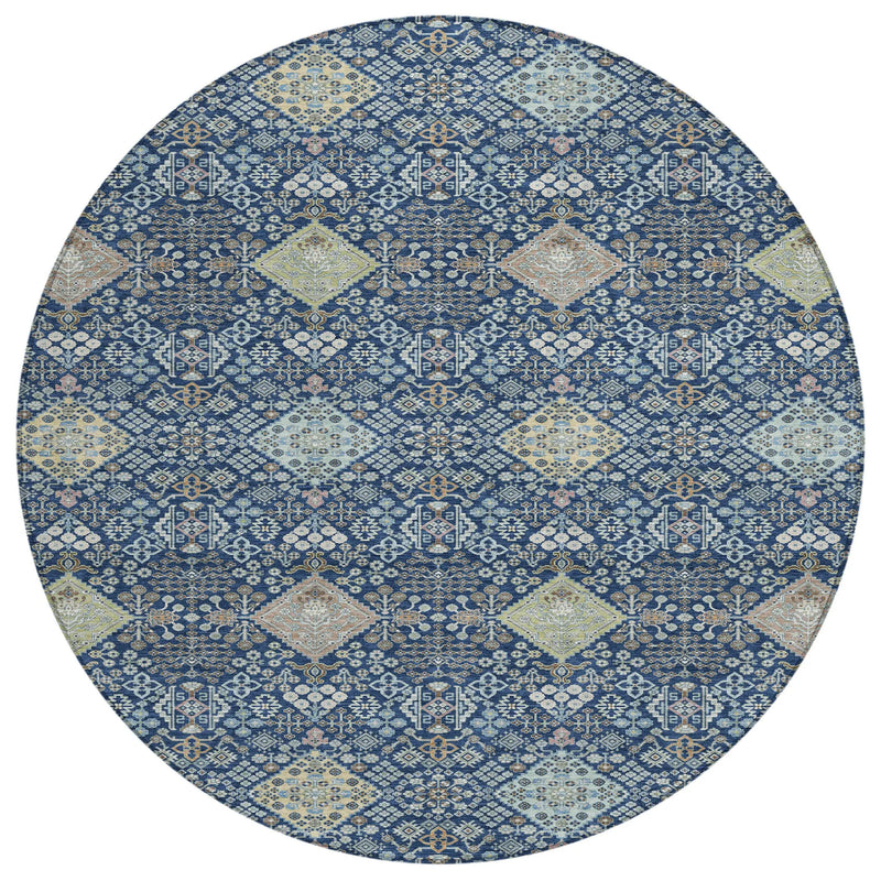 8' Navy Blue And Ivory Round Oriental Washable Indoor Outdoor Area Rug Homeroots Outdoor