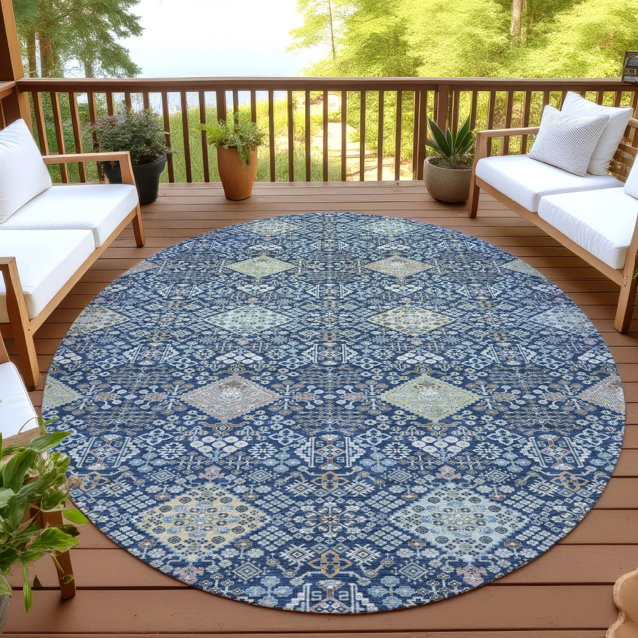 8' Navy Blue And Ivory Round Oriental Washable Indoor Outdoor Area Rug Homeroots Outdoor