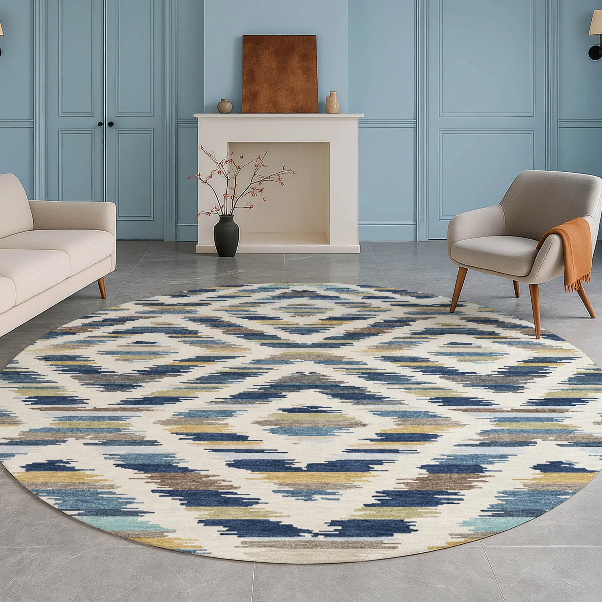 8' Navy Blue And Ivory Round Tribal Washable Indoor Outdoor Area Rug Homeroots Outdoor