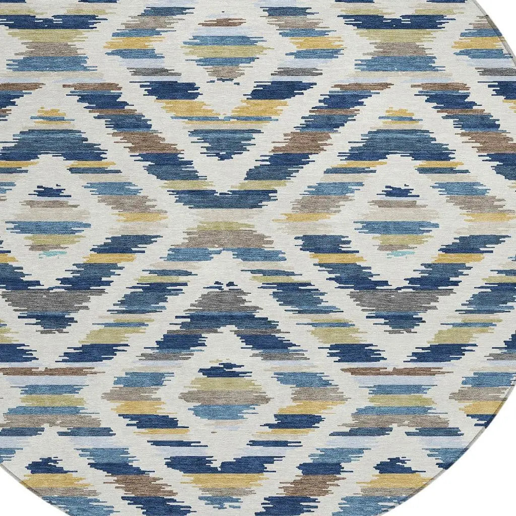 8' Navy Blue And Ivory Round Tribal Washable Indoor Outdoor Area Rug Homeroots Outdoor
