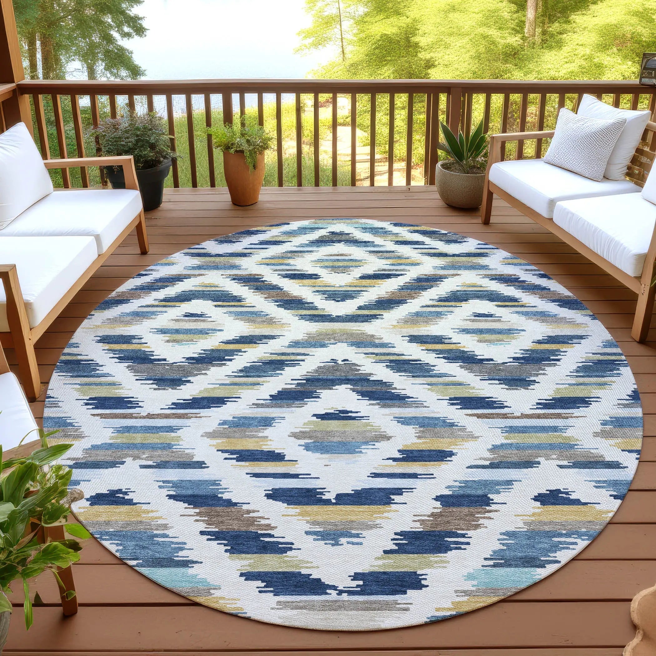 8' Navy Blue And Ivory Round Tribal Washable Indoor Outdoor Area Rug Homeroots Outdoor