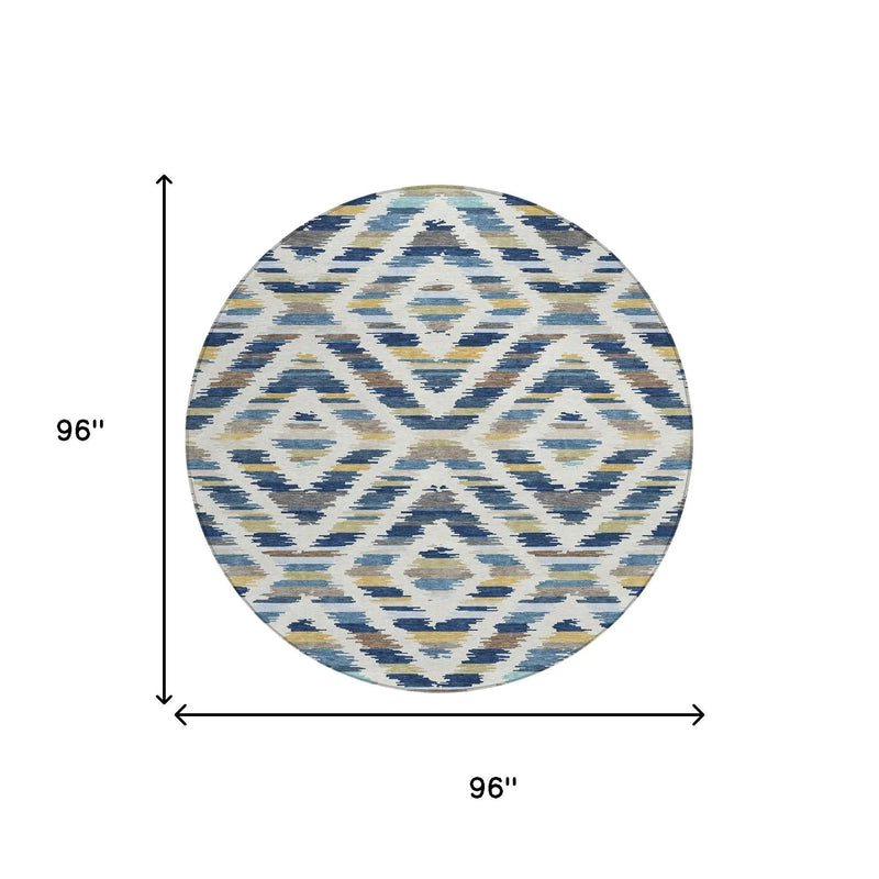 8' Navy Blue And Ivory Round Tribal Washable Indoor Outdoor Area Rug Homeroots Outdoor