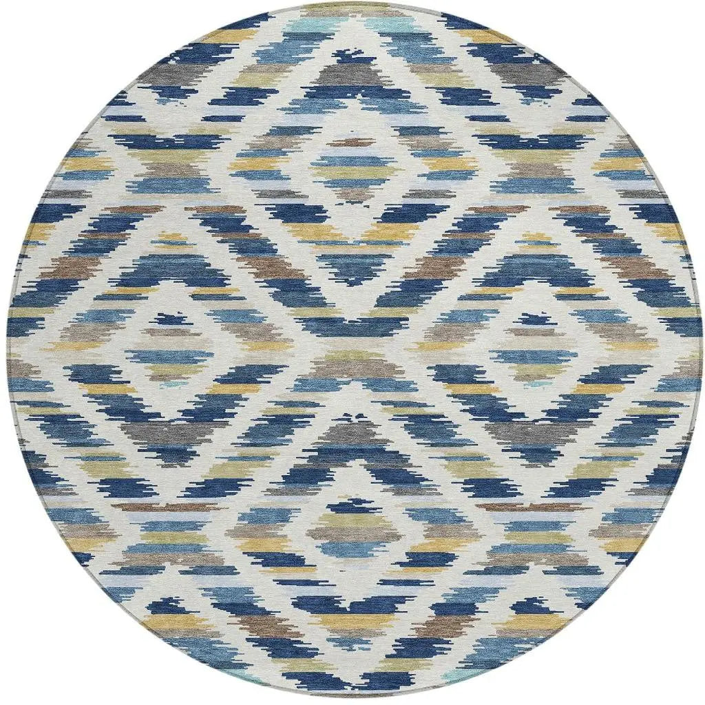 8' Navy Blue And Ivory Round Tribal Washable Indoor Outdoor Area Rug Homeroots Outdoor