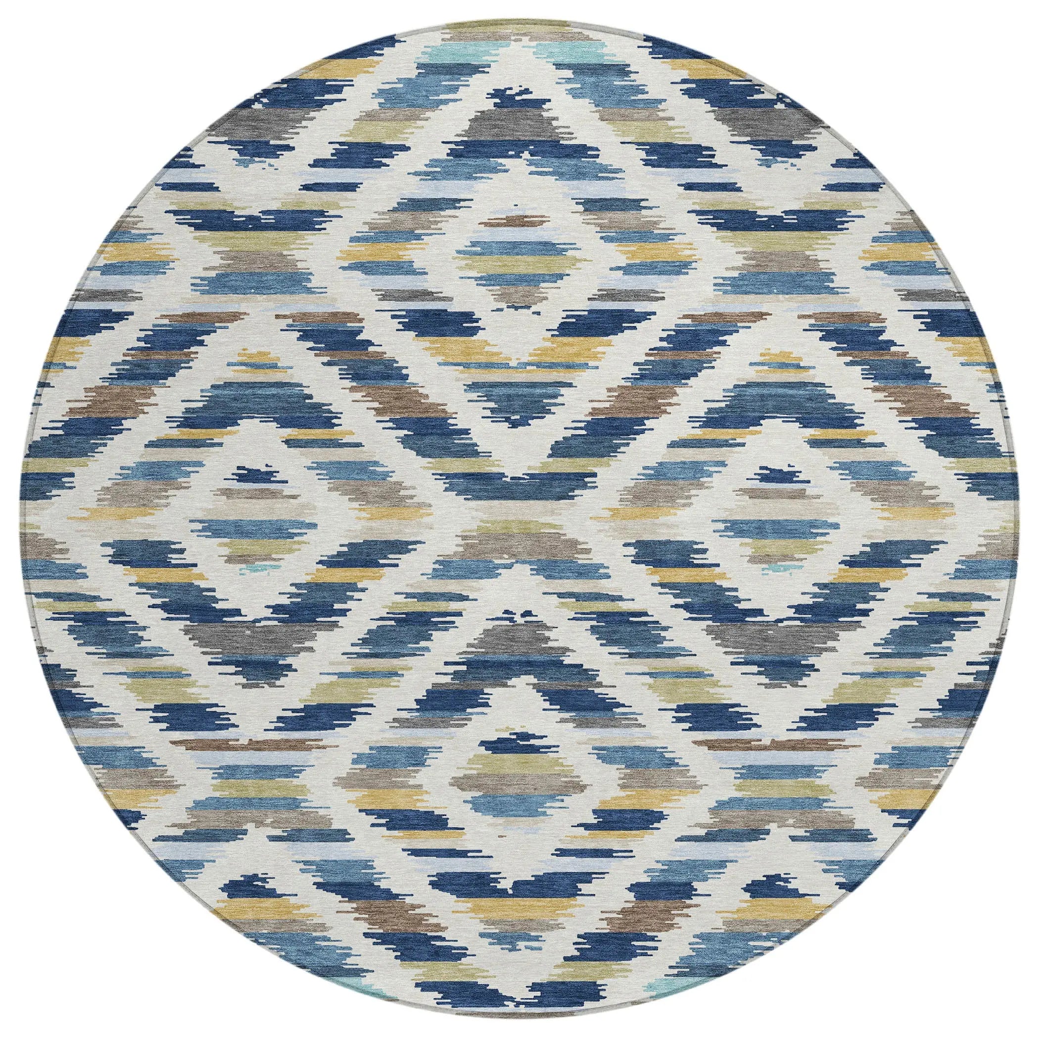 8' Navy Blue And Ivory Round Tribal Washable Indoor Outdoor Area Rug Homeroots Outdoor