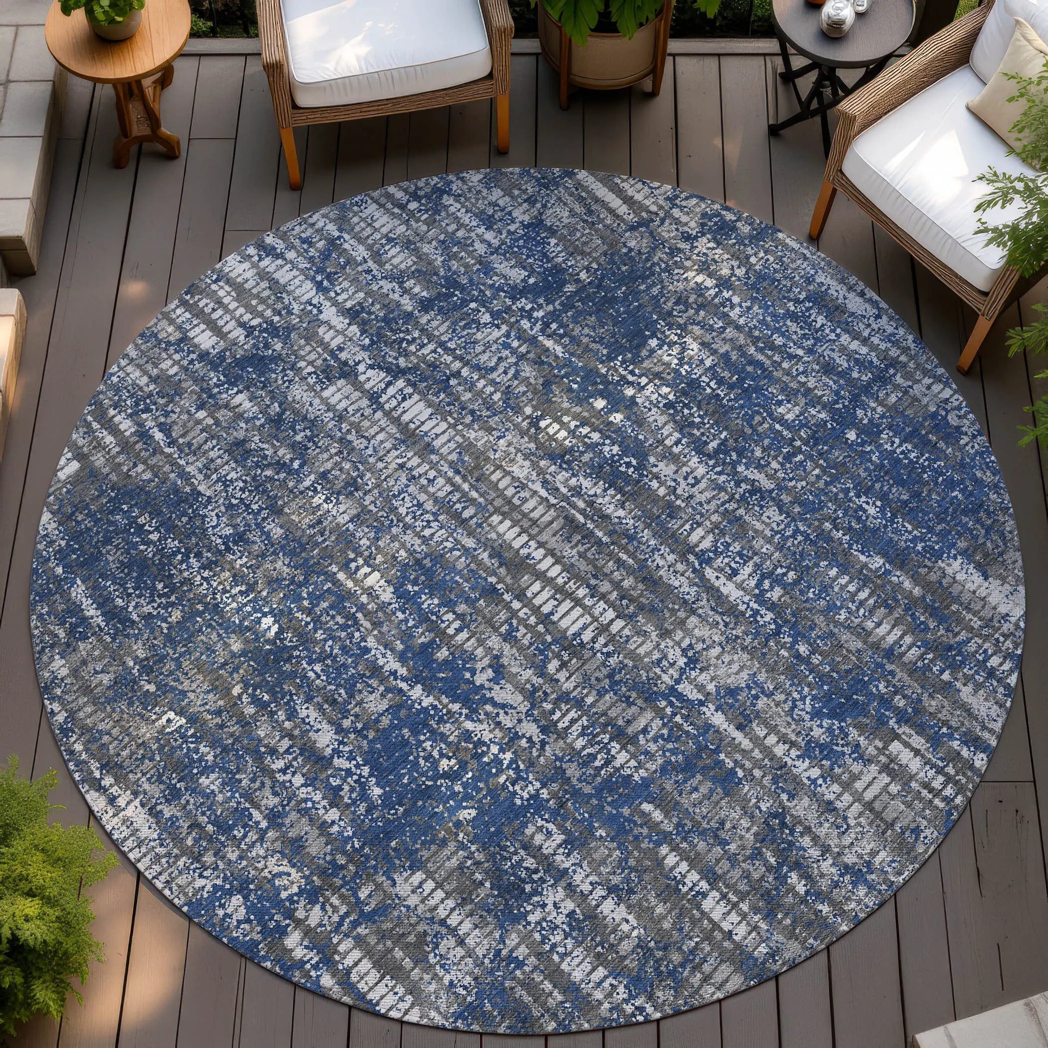 8' Navy Blue And Khaki Round Abstract Washable Indoor Outdoor Area Rug Homeroots Outdoor