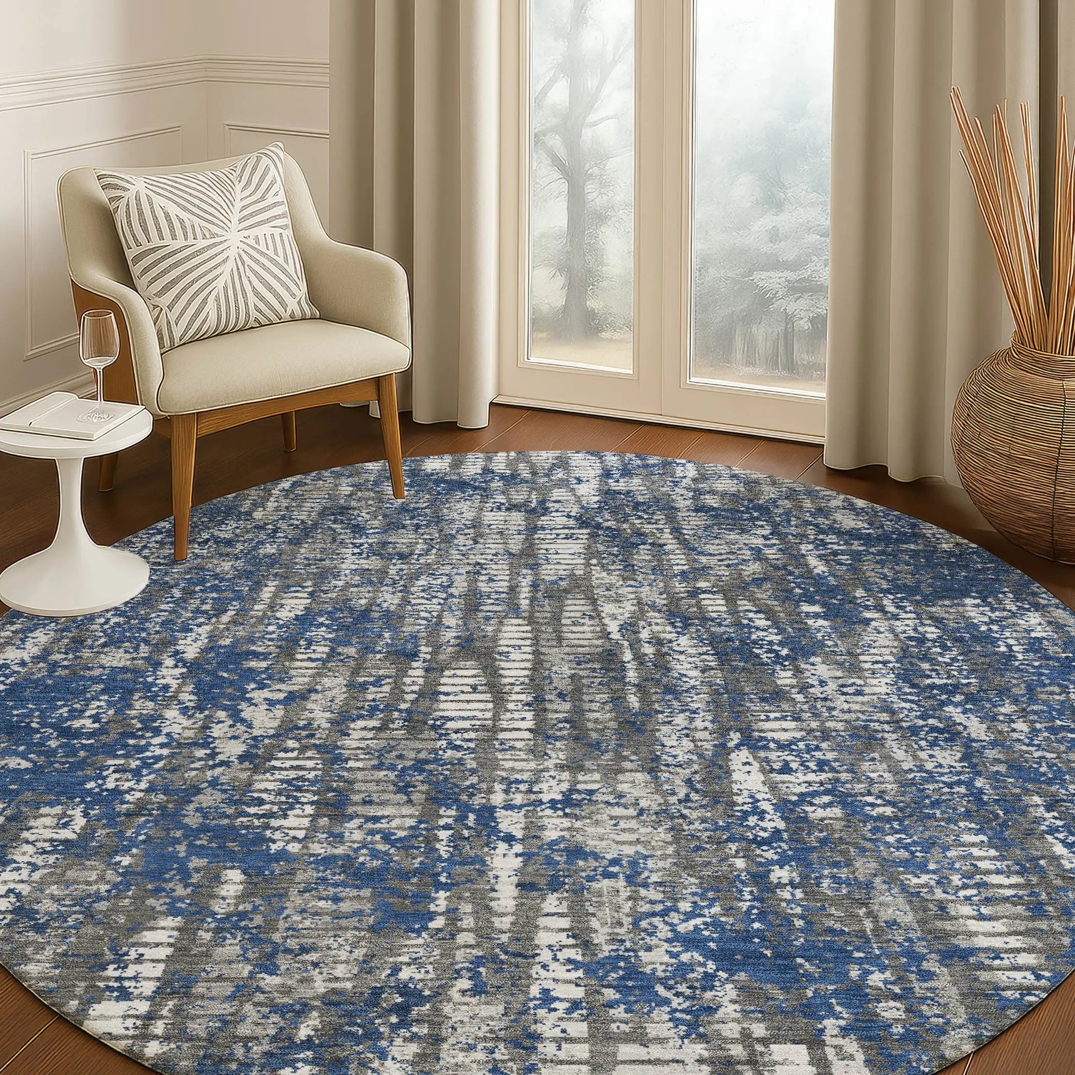 8' Navy Blue And Khaki Round Abstract Washable Indoor Outdoor Area Rug Homeroots Outdoor