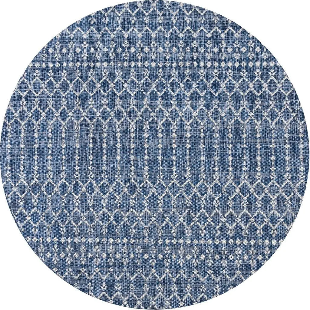 8' Navy Blue And Light Gray Round Trellis Indoor Outdoor Area Rug Homeroots Outdoor