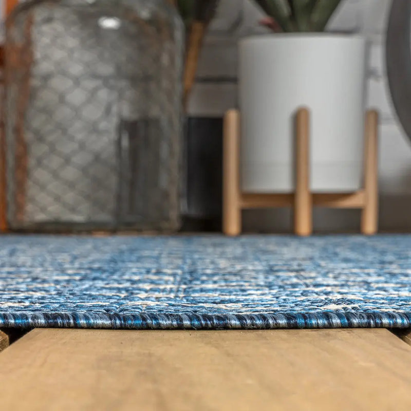 8' Navy Blue And Light Gray Square Trellis Indoor Outdoor Area Rug - GreatEagleInc