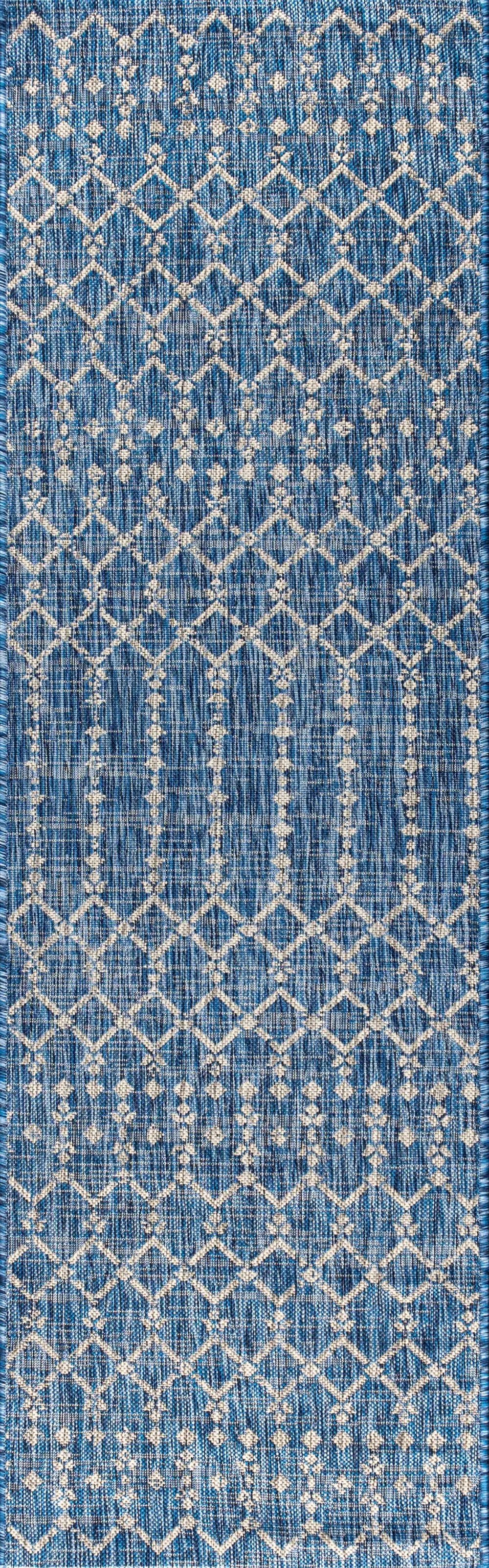 8' Navy Blue And Light Gray Trellis Indoor Outdoor Runner Rug Homeroots Outdoor