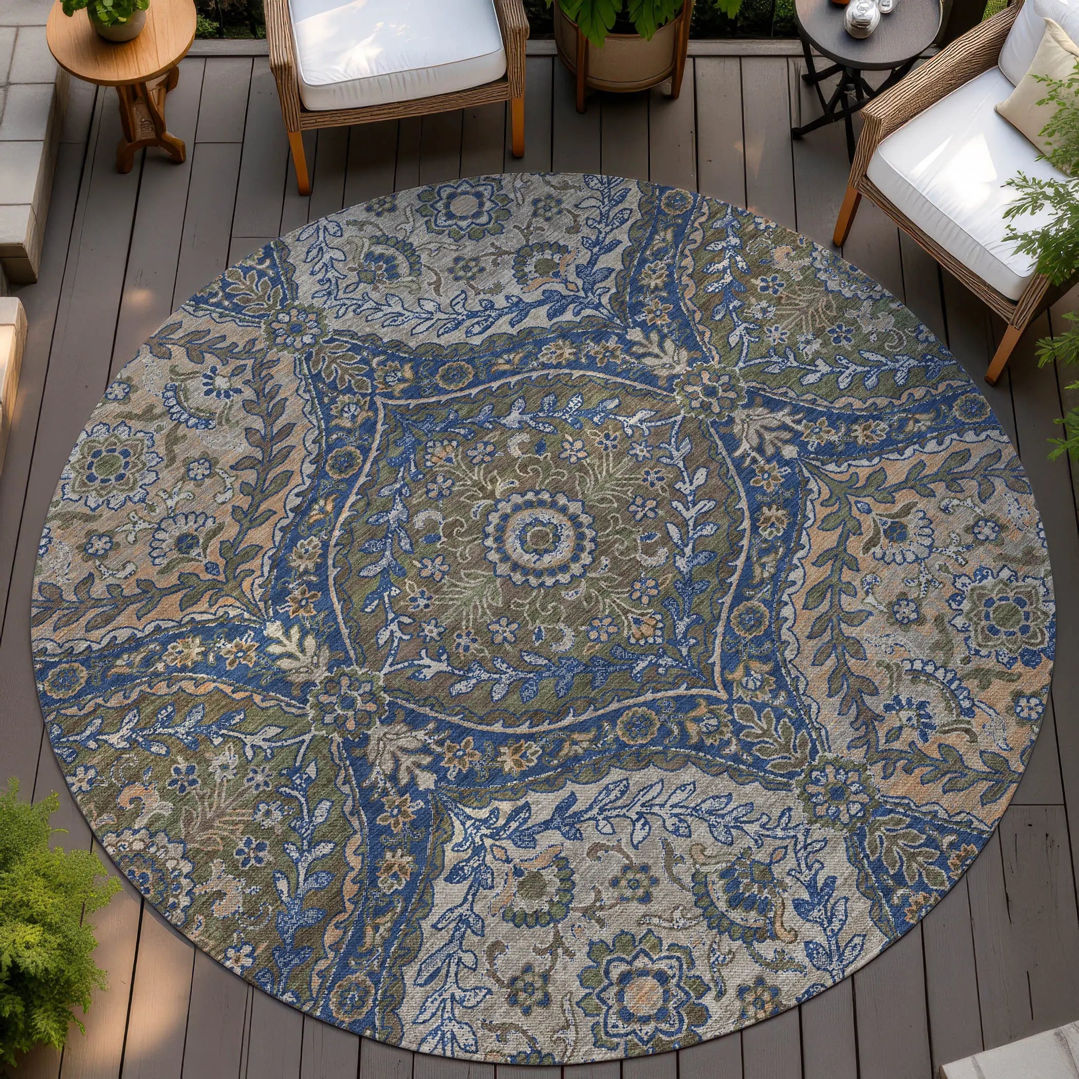 8' Navy Blue And Linen Round Ogee Washable Indoor Outdoor Area Rug Homeroots Outdoor