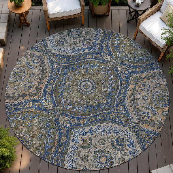 8' Navy Blue And Linen Round Ogee Washable Indoor Outdoor Area Rug Homeroots Outdoor