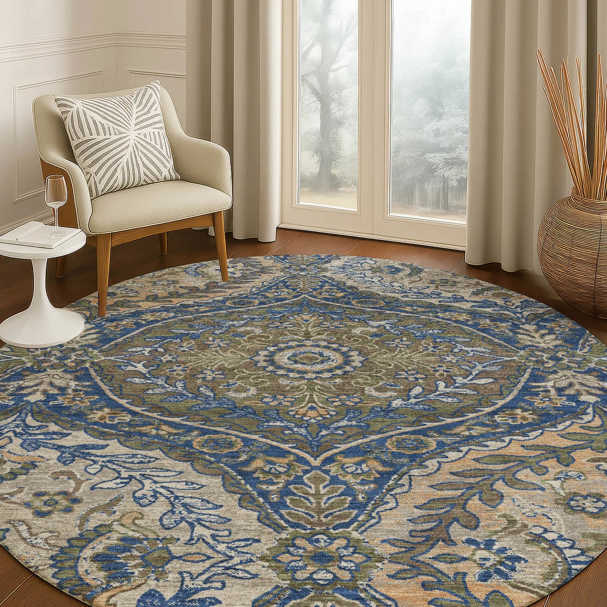 8' Navy Blue And Linen Round Ogee Washable Indoor Outdoor Area Rug Homeroots Outdoor
