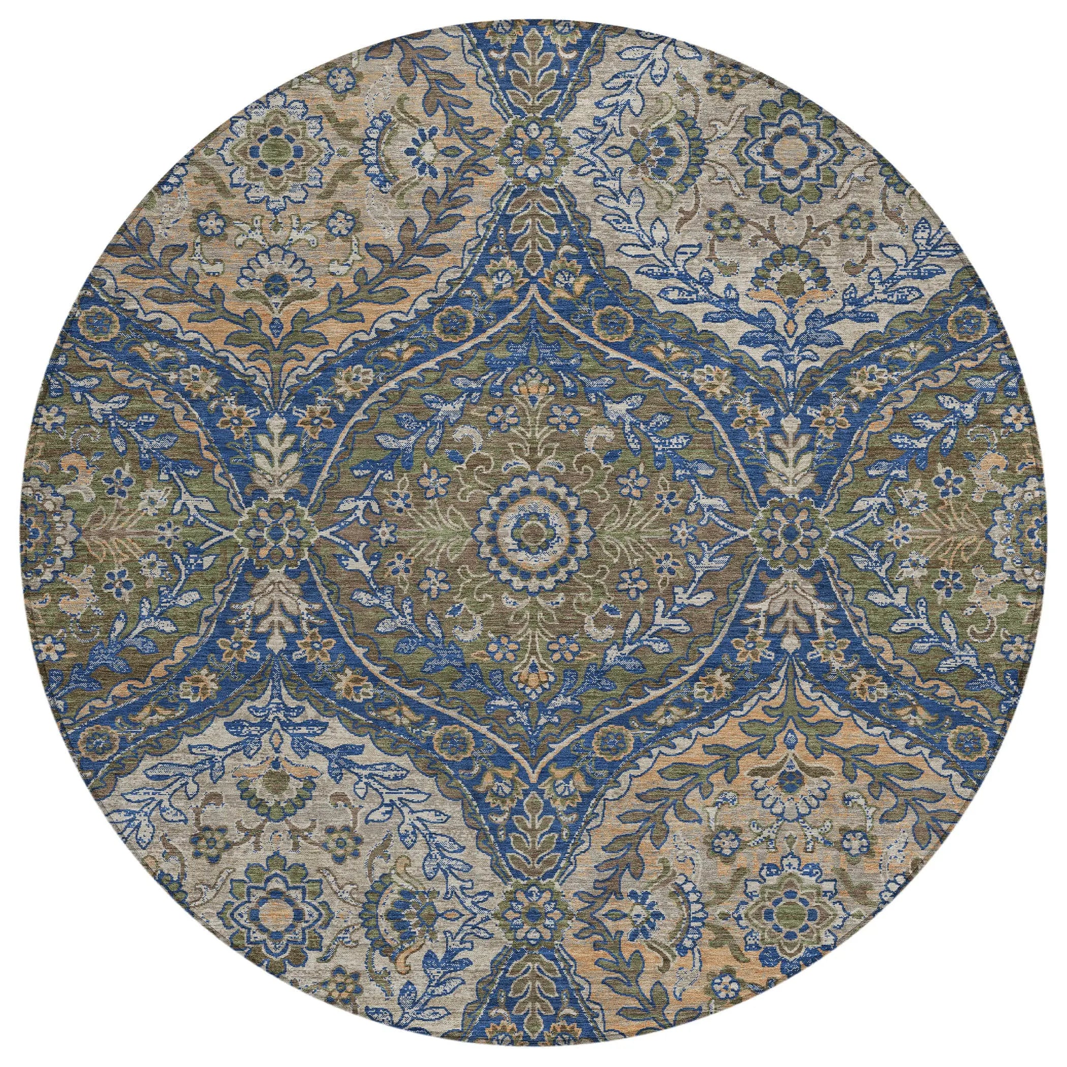 8' Navy Blue And Linen Round Ogee Washable Indoor Outdoor Area Rug Homeroots Outdoor