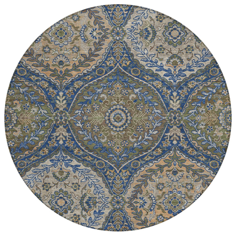 8' Navy Blue And Linen Round Ogee Washable Indoor Outdoor Area Rug Homeroots Outdoor