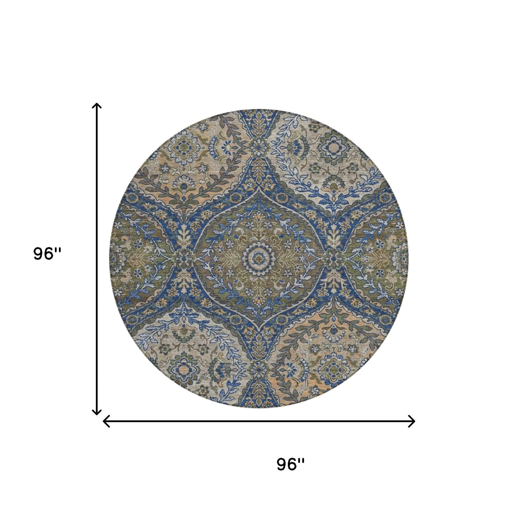 8' Navy Blue And Linen Round Ogee Washable Indoor Outdoor Area Rug Homeroots Outdoor