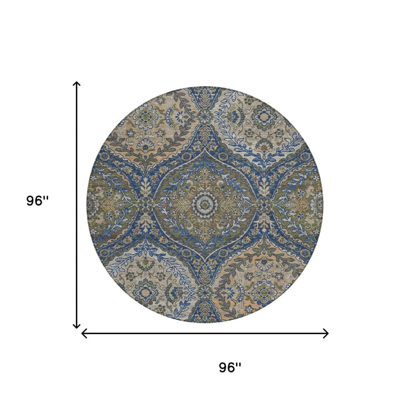 8' Navy Blue And Linen Round Ogee Washable Indoor Outdoor Area Rug Homeroots Outdoor