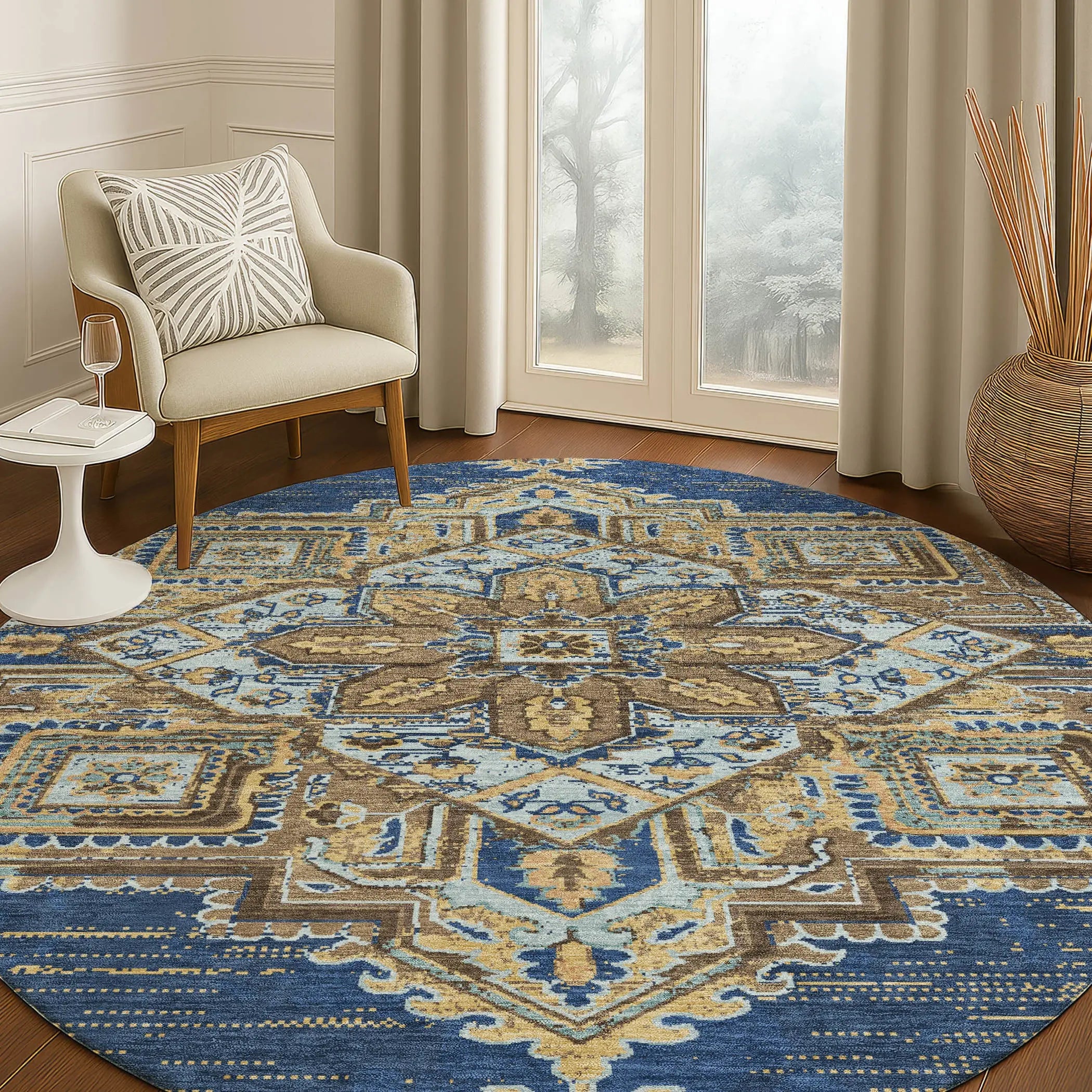 8' Navy Blue And Linen Round Oriental Washable Indoor Outdoor Area Rug Homeroots Outdoor