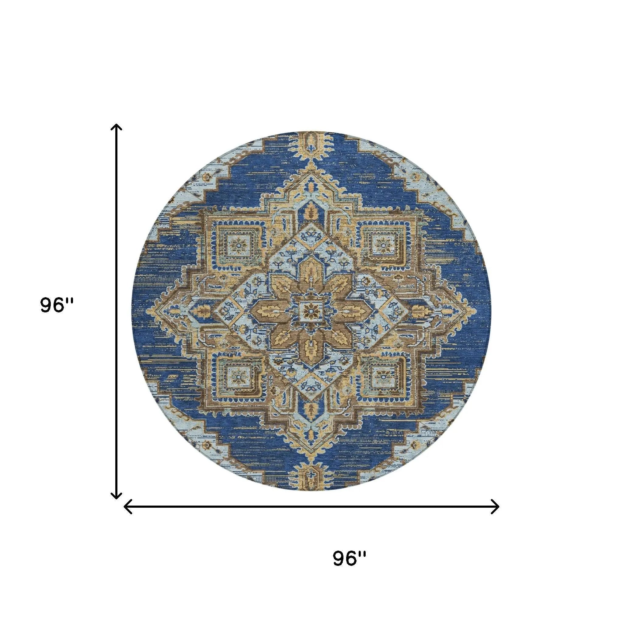 8' Navy Blue And Linen Round Oriental Washable Indoor Outdoor Area Rug Homeroots Outdoor