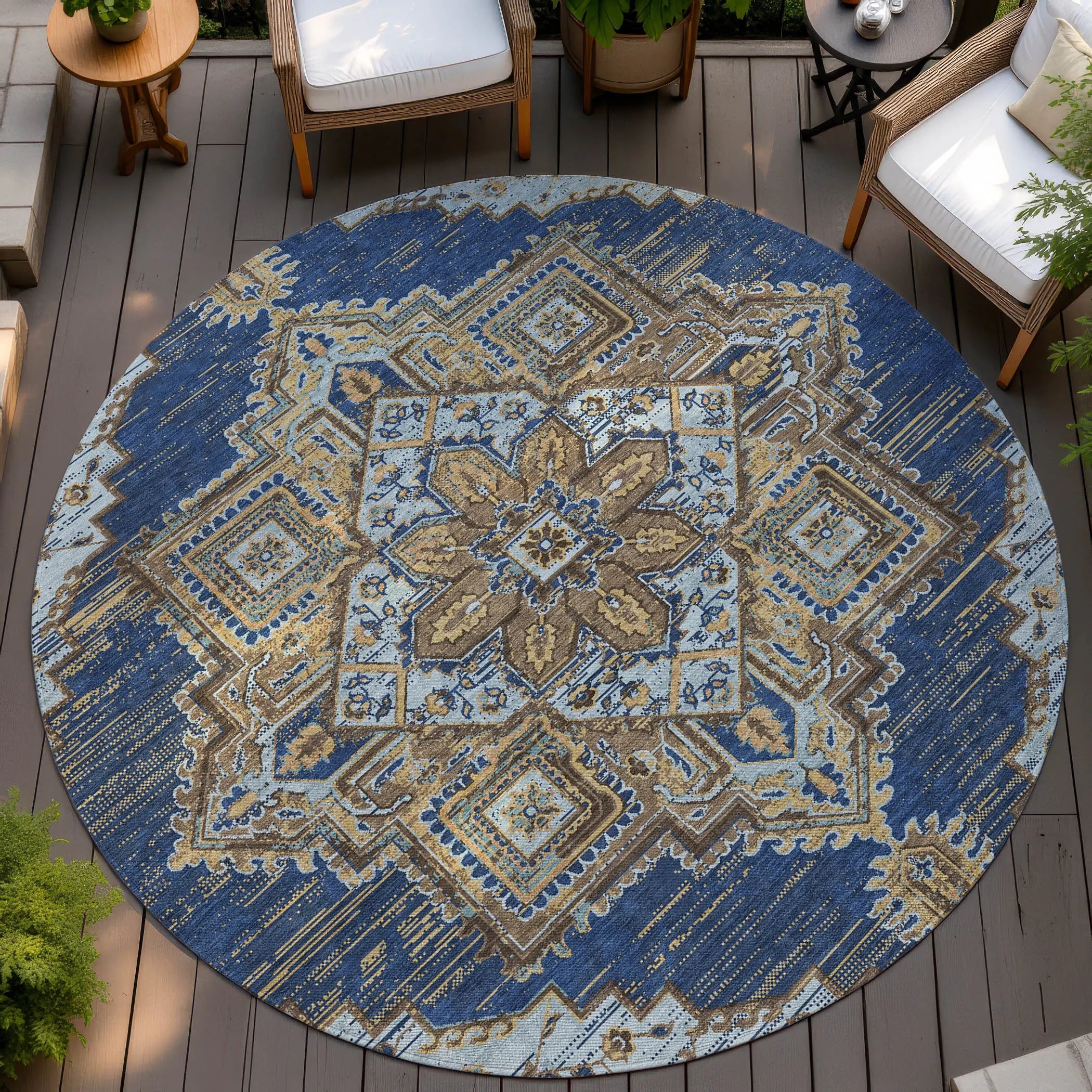 8' Navy Blue And Linen Round Oriental Washable Indoor Outdoor Area Rug Homeroots Outdoor
