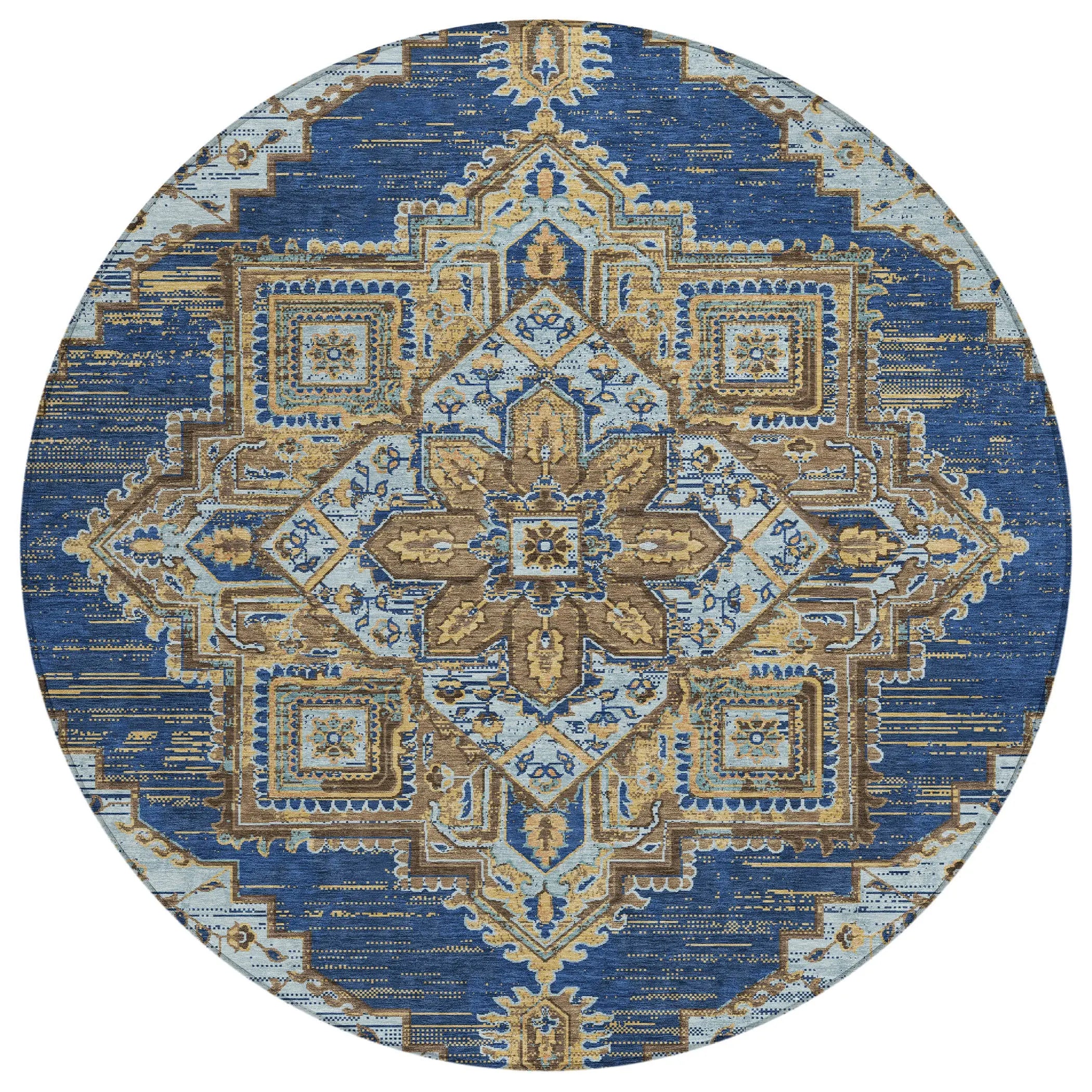 8' Navy Blue And Linen Round Oriental Washable Indoor Outdoor Area Rug Homeroots Outdoor