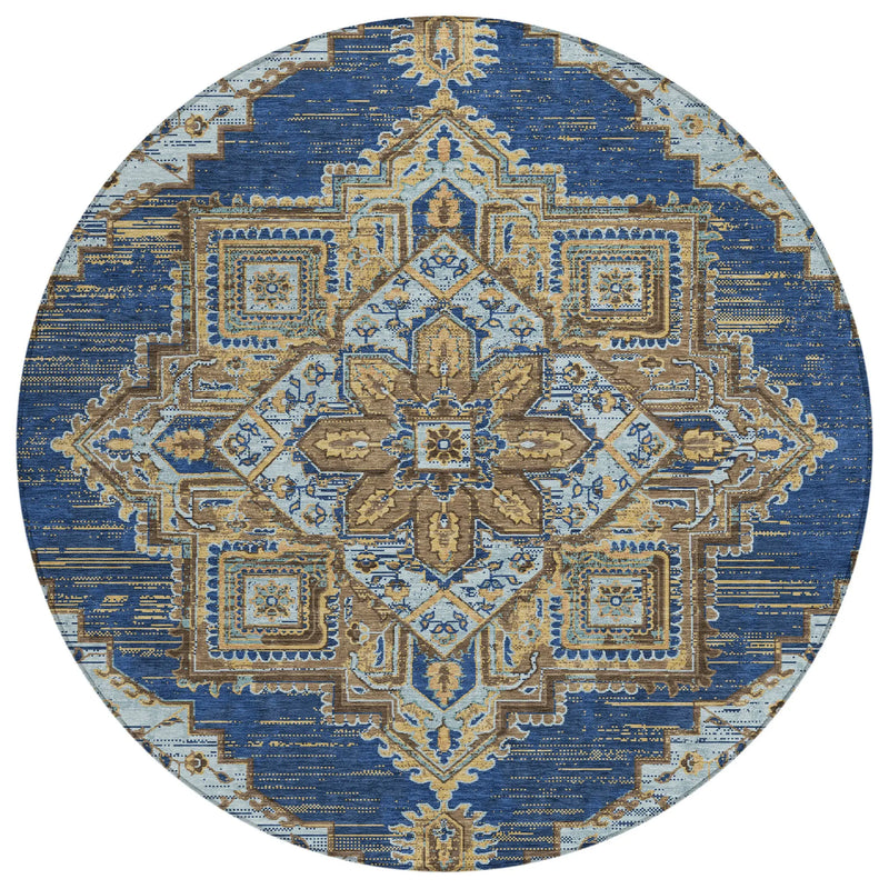 8' Navy Blue And Linen Round Oriental Washable Indoor Outdoor Area Rug Homeroots Outdoor