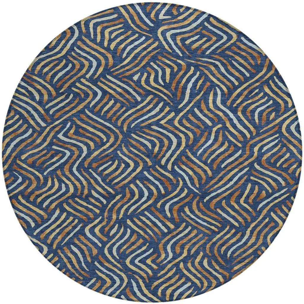 8' Navy Blue And Orange Round Abstract Washable Indoor Outdoor Area Rug Homeroots Outdoor