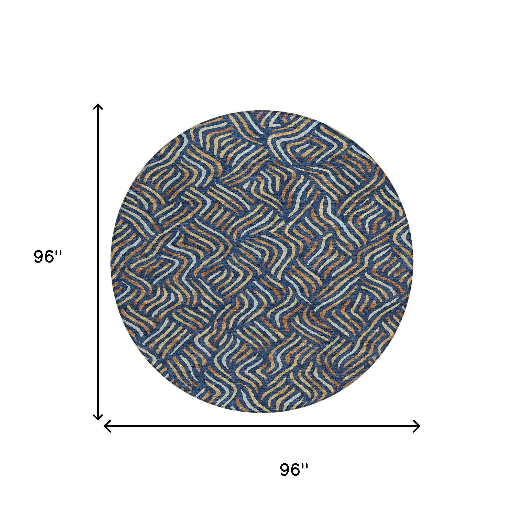 8' Navy Blue And Orange Round Abstract Washable Indoor Outdoor Area Rug Homeroots Outdoor