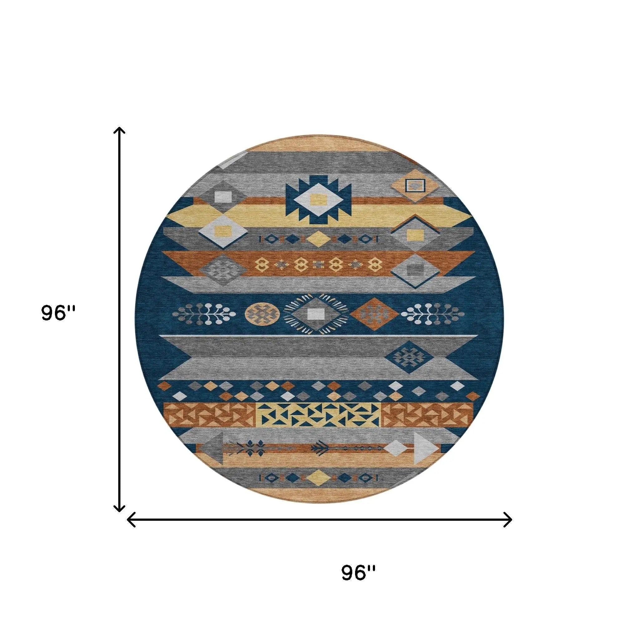 8' Navy Blue And Orange Round Geometric Washable Indoor Outdoor Area Rug Homeroots Outdoor