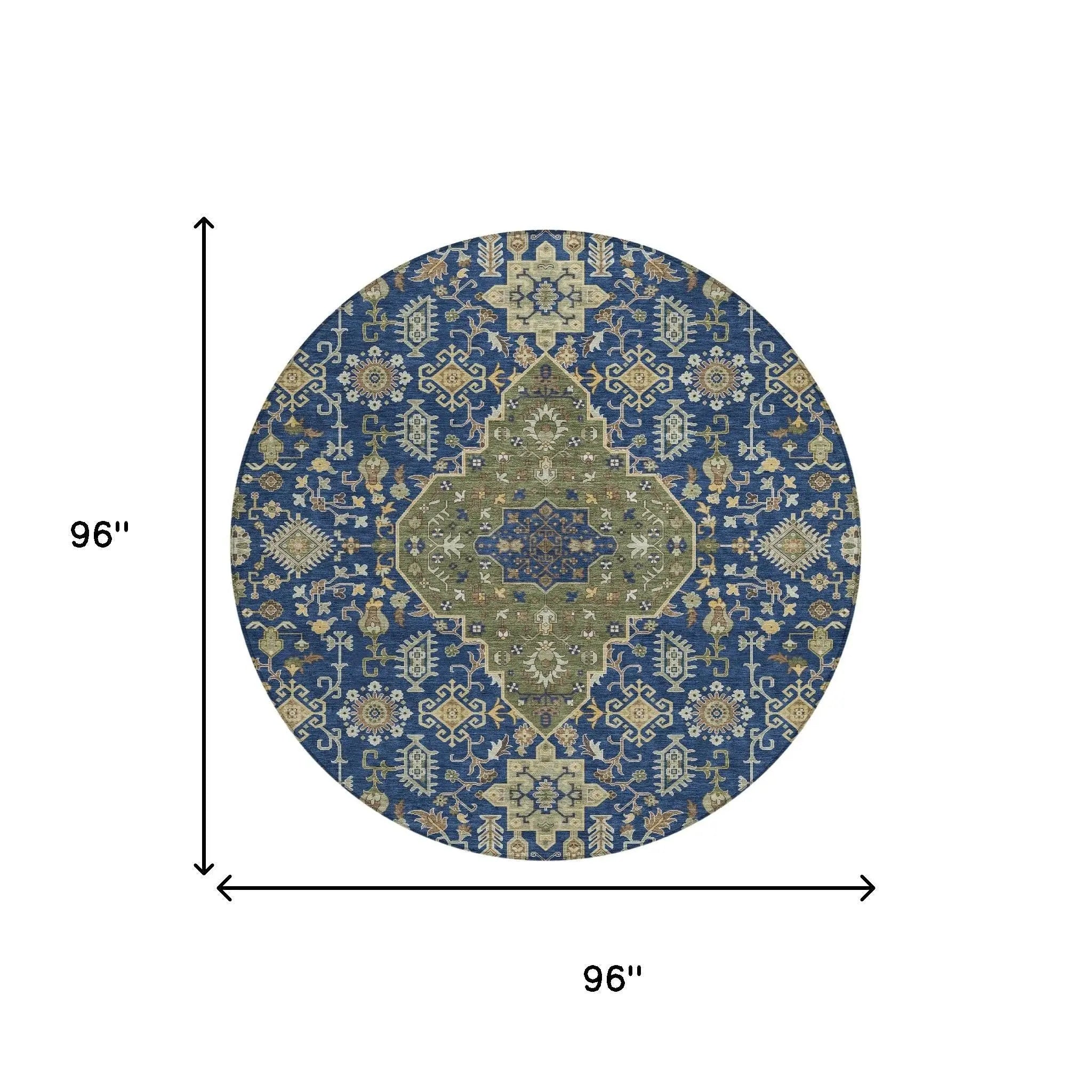8' Navy Blue And Pewter Round Medallion Washable Indoor Outdoor Area Rug Homeroots Outdoor