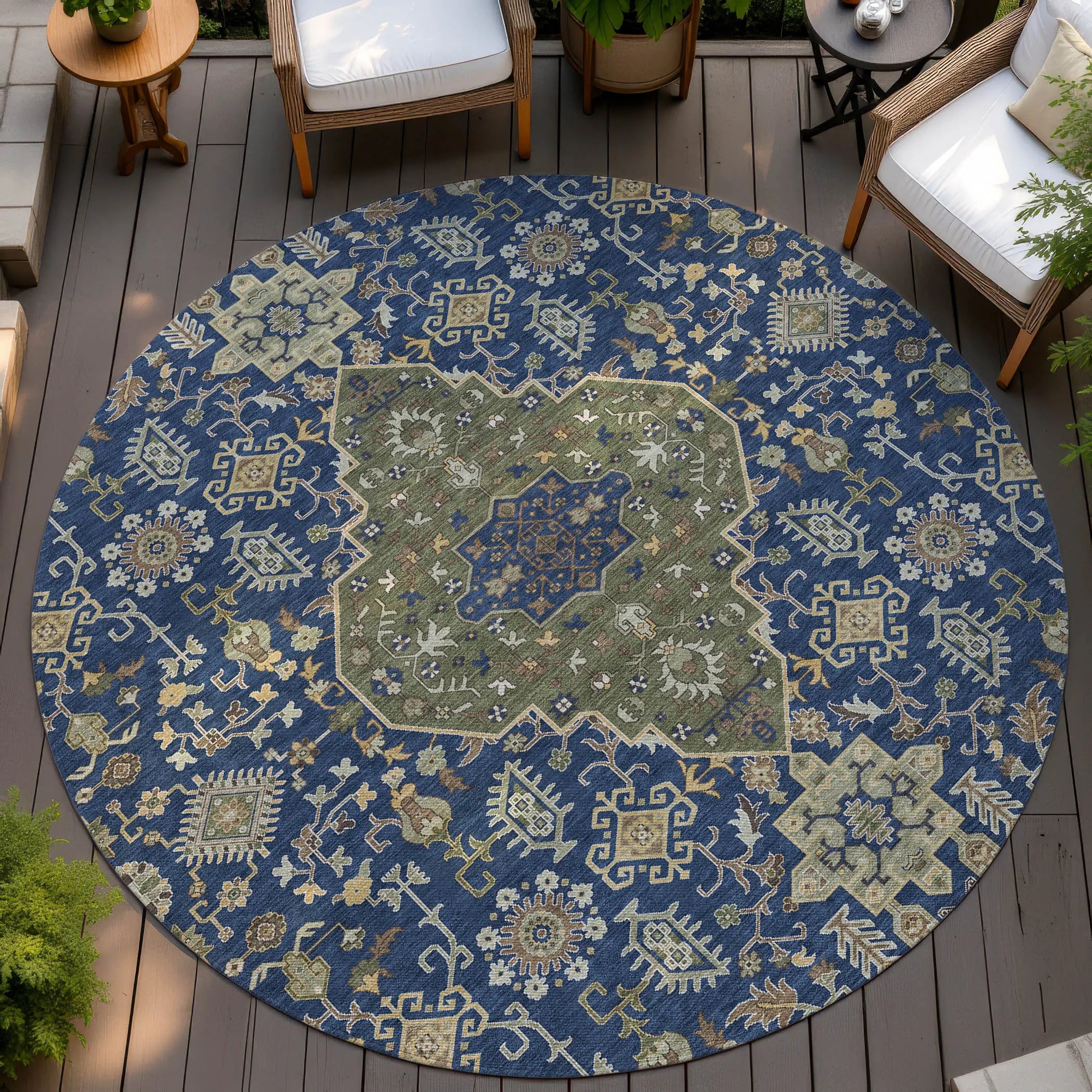 8' Navy Blue And Pewter Round Medallion Washable Indoor Outdoor Area Rug Homeroots Outdoor
