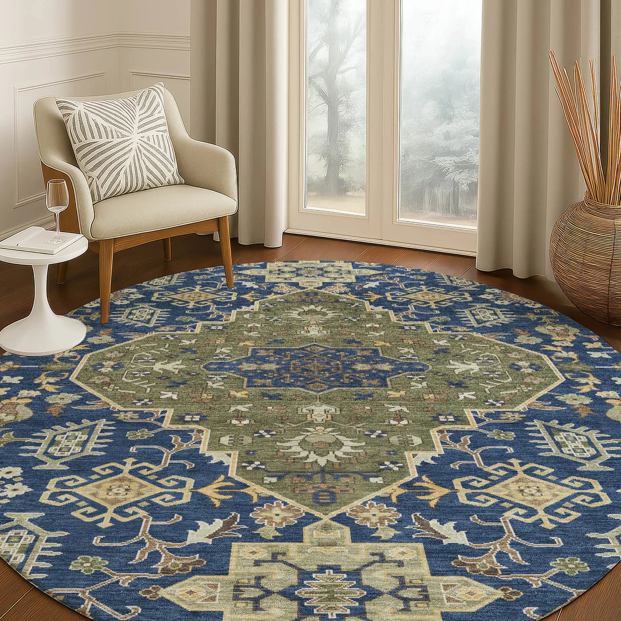 8' Navy Blue And Pewter Round Medallion Washable Indoor Outdoor Area Rug Homeroots Outdoor