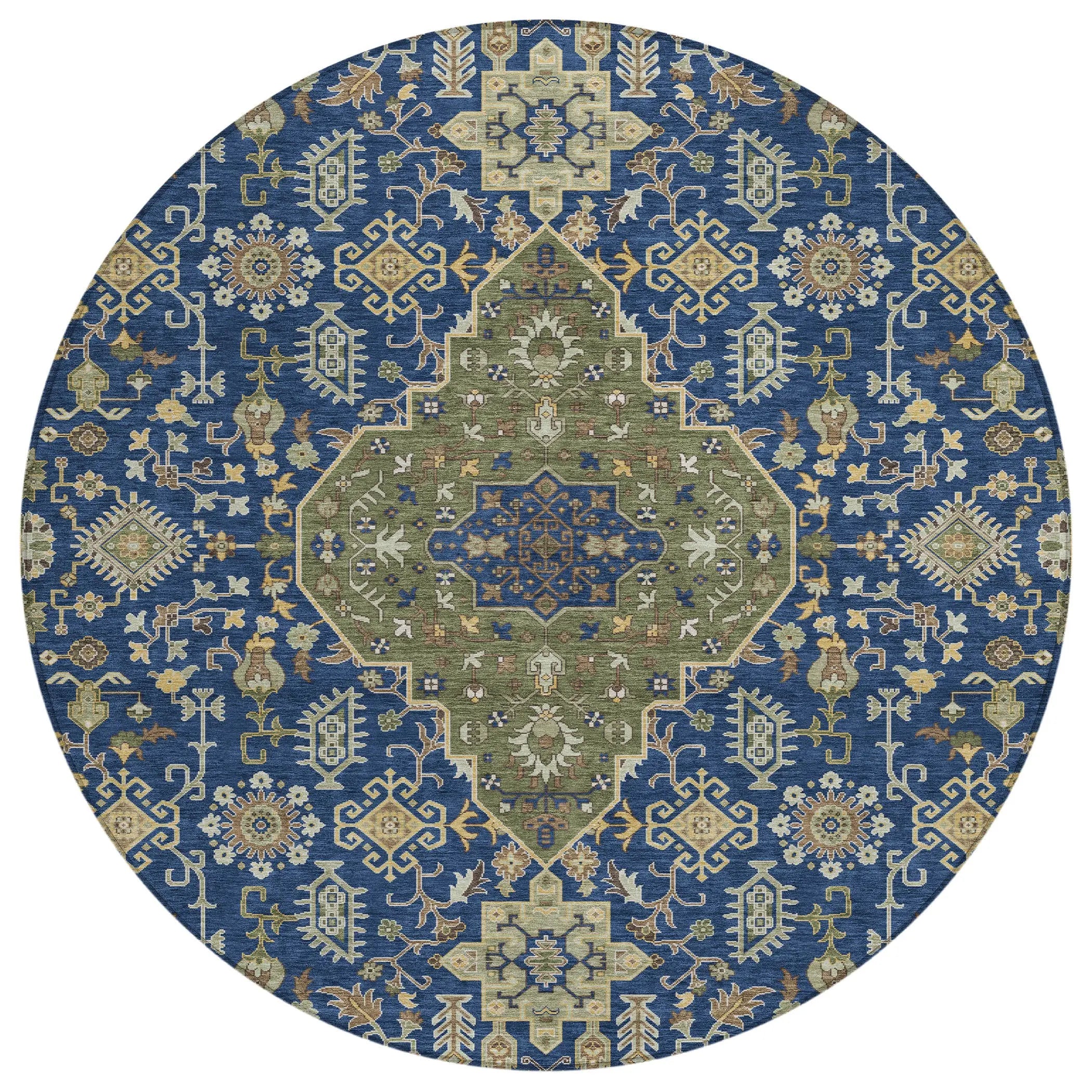 8' Navy Blue And Pewter Round Medallion Washable Indoor Outdoor Area Rug Homeroots Outdoor