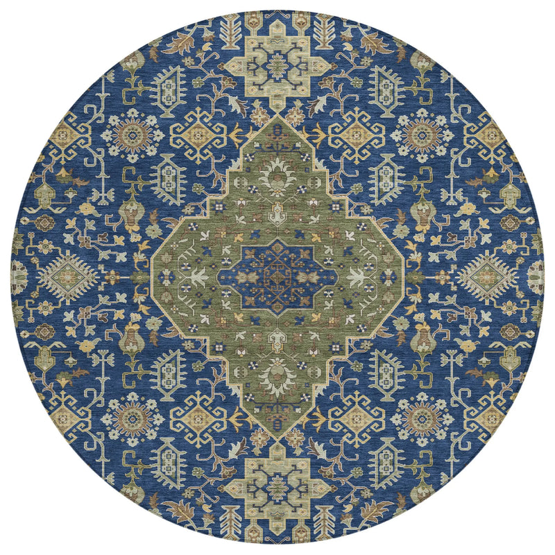 8' Navy Blue And Pewter Round Medallion Washable Indoor Outdoor Area Rug Homeroots Outdoor