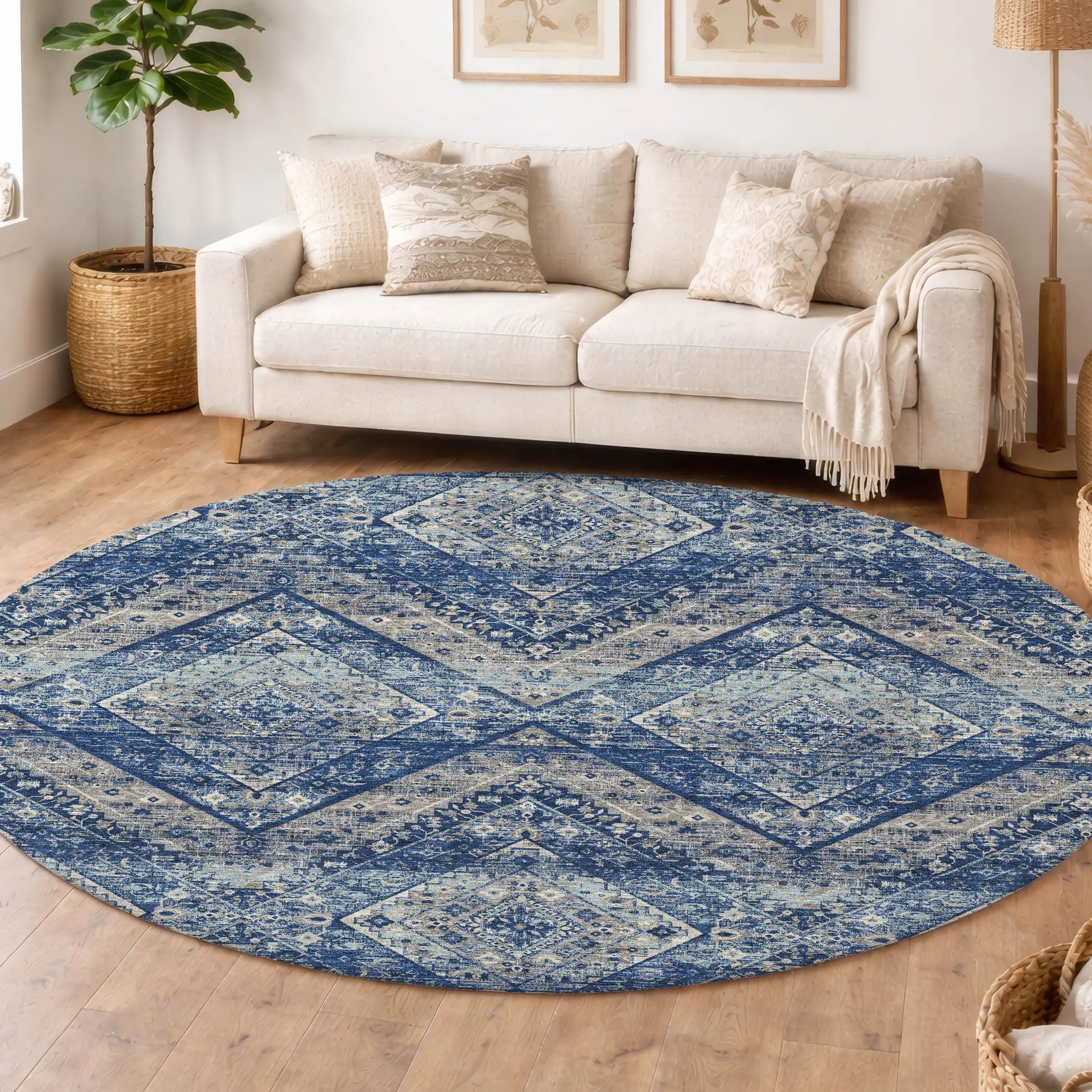 8' Navy Blue And Pink Round Tribal Washable Indoor Outdoor Area Rug Homeroots Outdoor