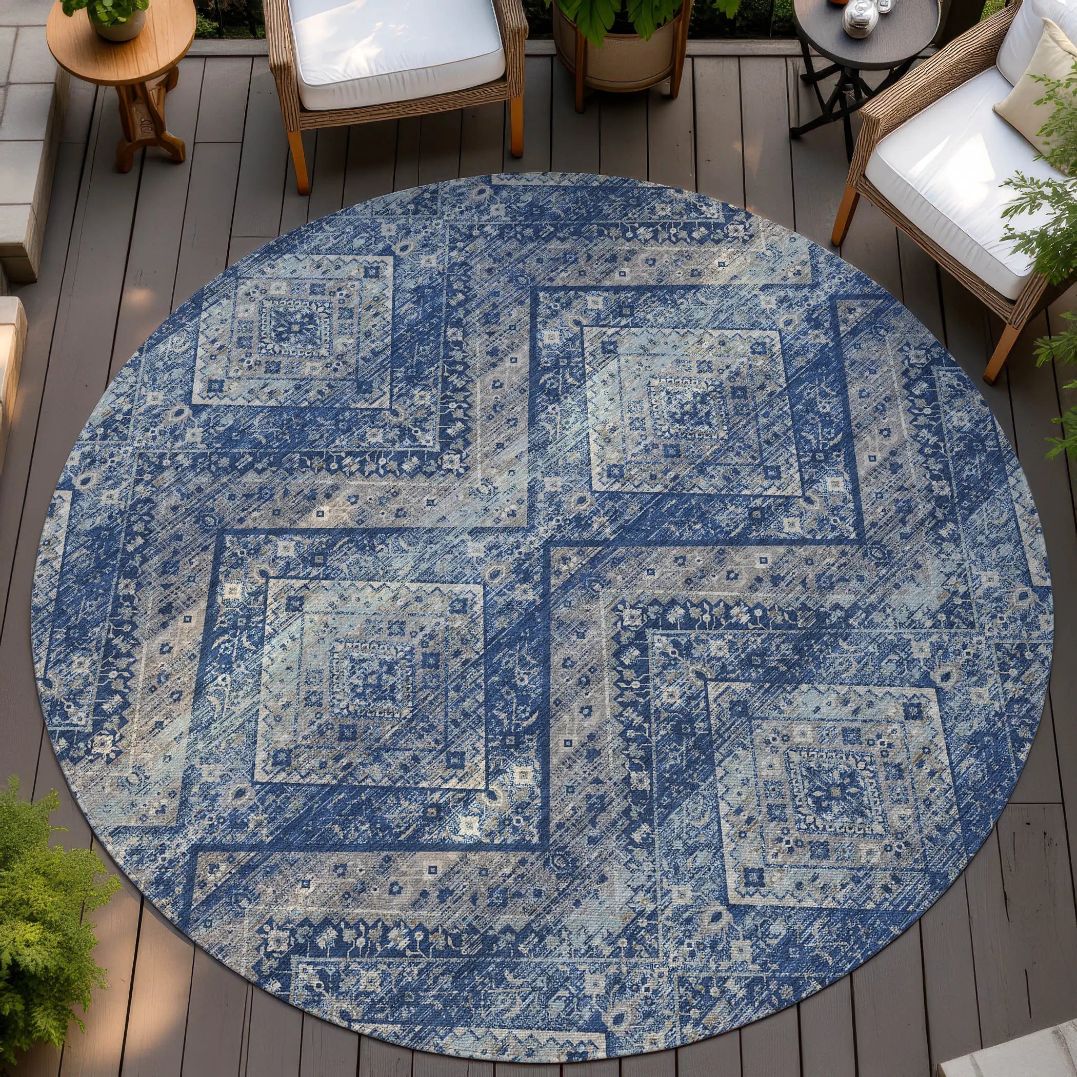 8' Navy Blue And Pink Round Tribal Washable Indoor Outdoor Area Rug Homeroots Outdoor