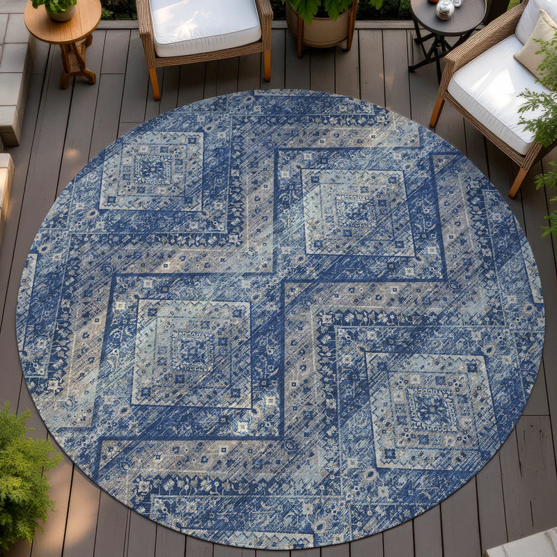 8' Navy Blue And Pink Round Tribal Washable Indoor Outdoor Area Rug Homeroots Outdoor