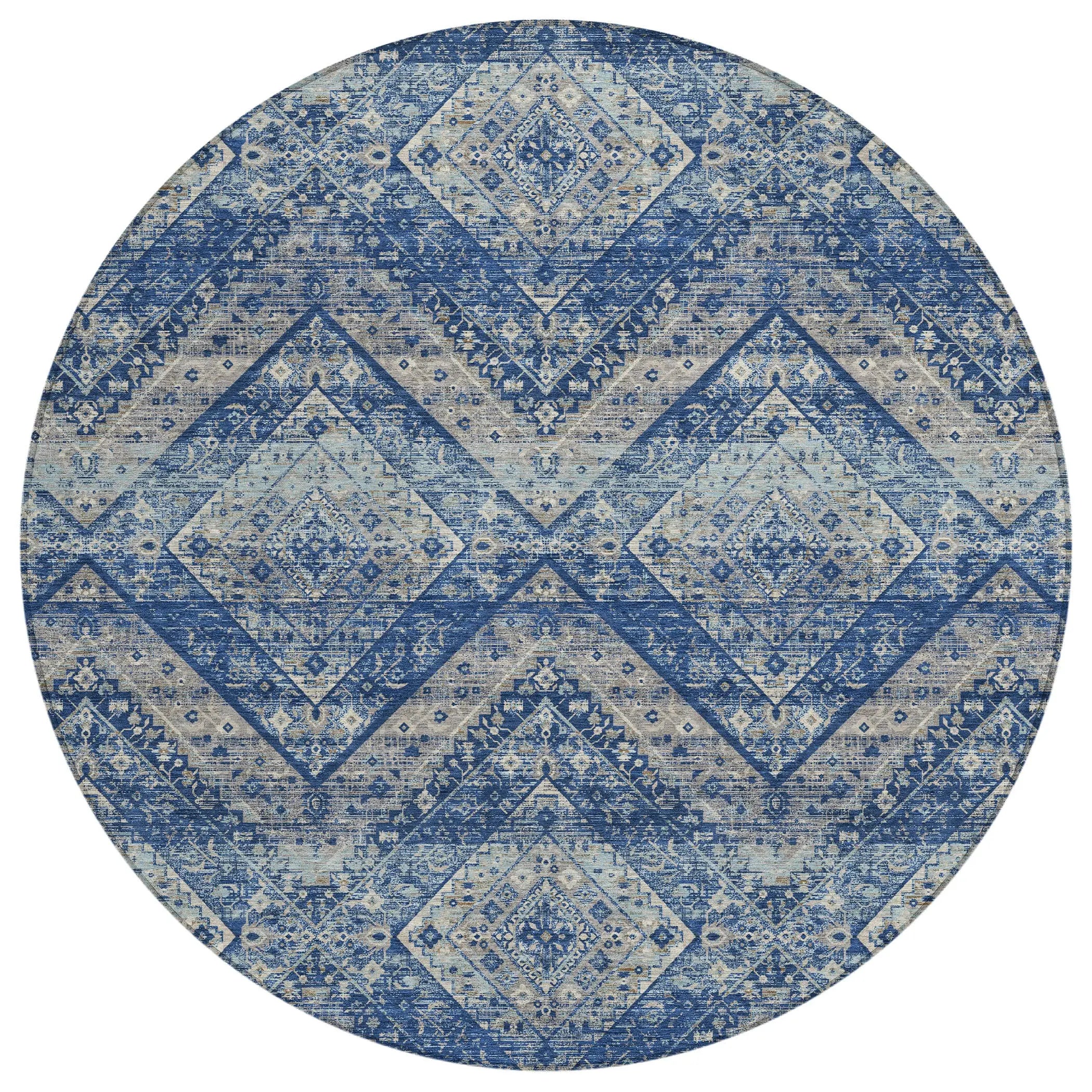 8' Navy Blue And Pink Round Tribal Washable Indoor Outdoor Area Rug Homeroots Outdoor
