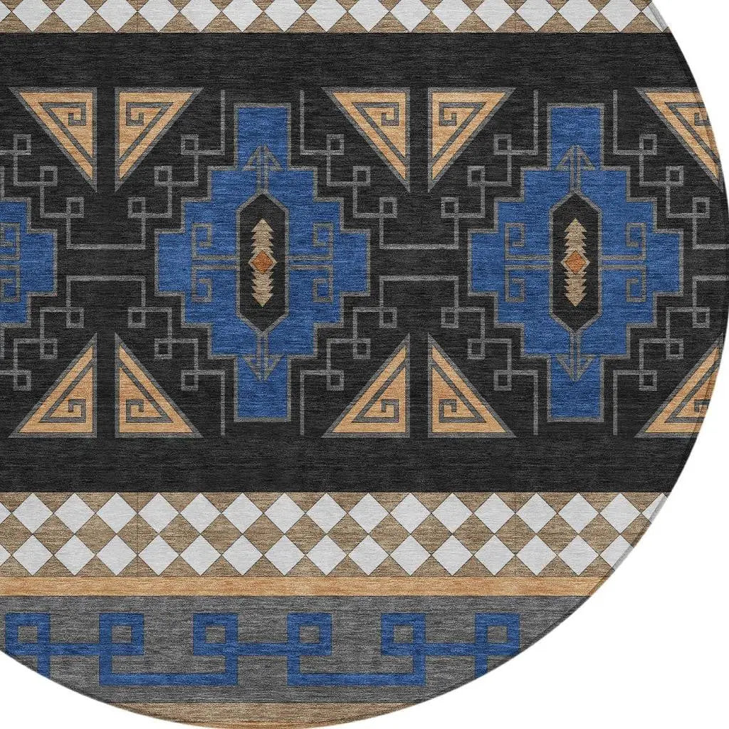 8' Navy Blue And Salmon Round Tribal Washable Indoor Outdoor Area Rug Homeroots Outdoor