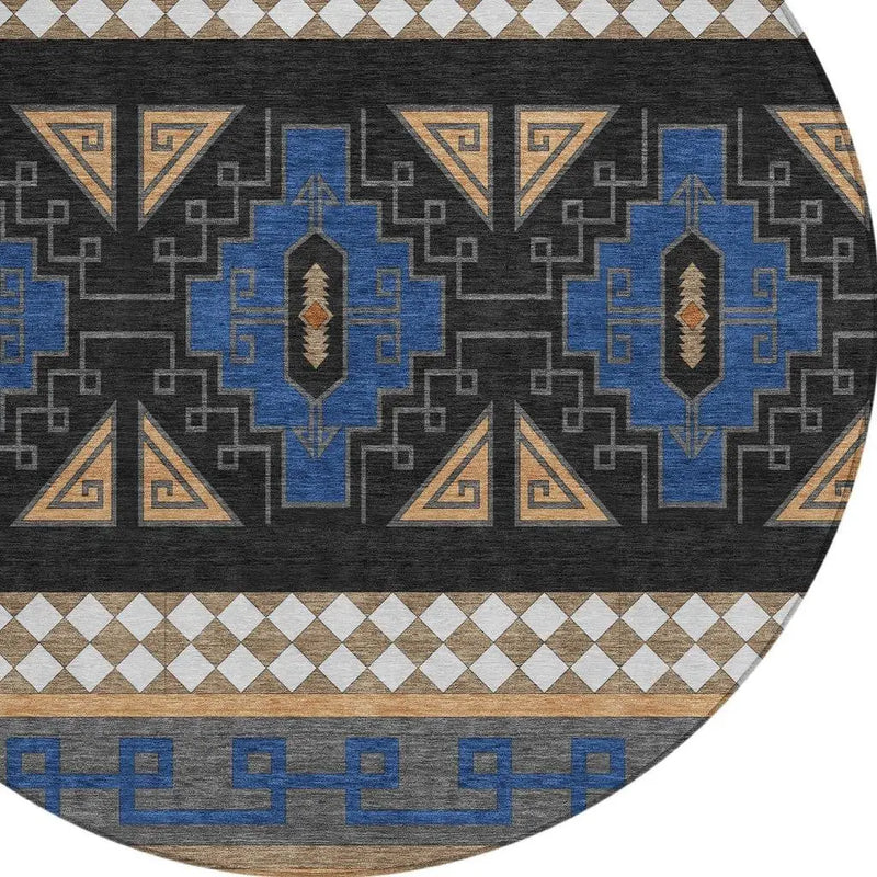 8' Navy Blue And Salmon Round Tribal Washable Indoor Outdoor Area Rug Homeroots Outdoor