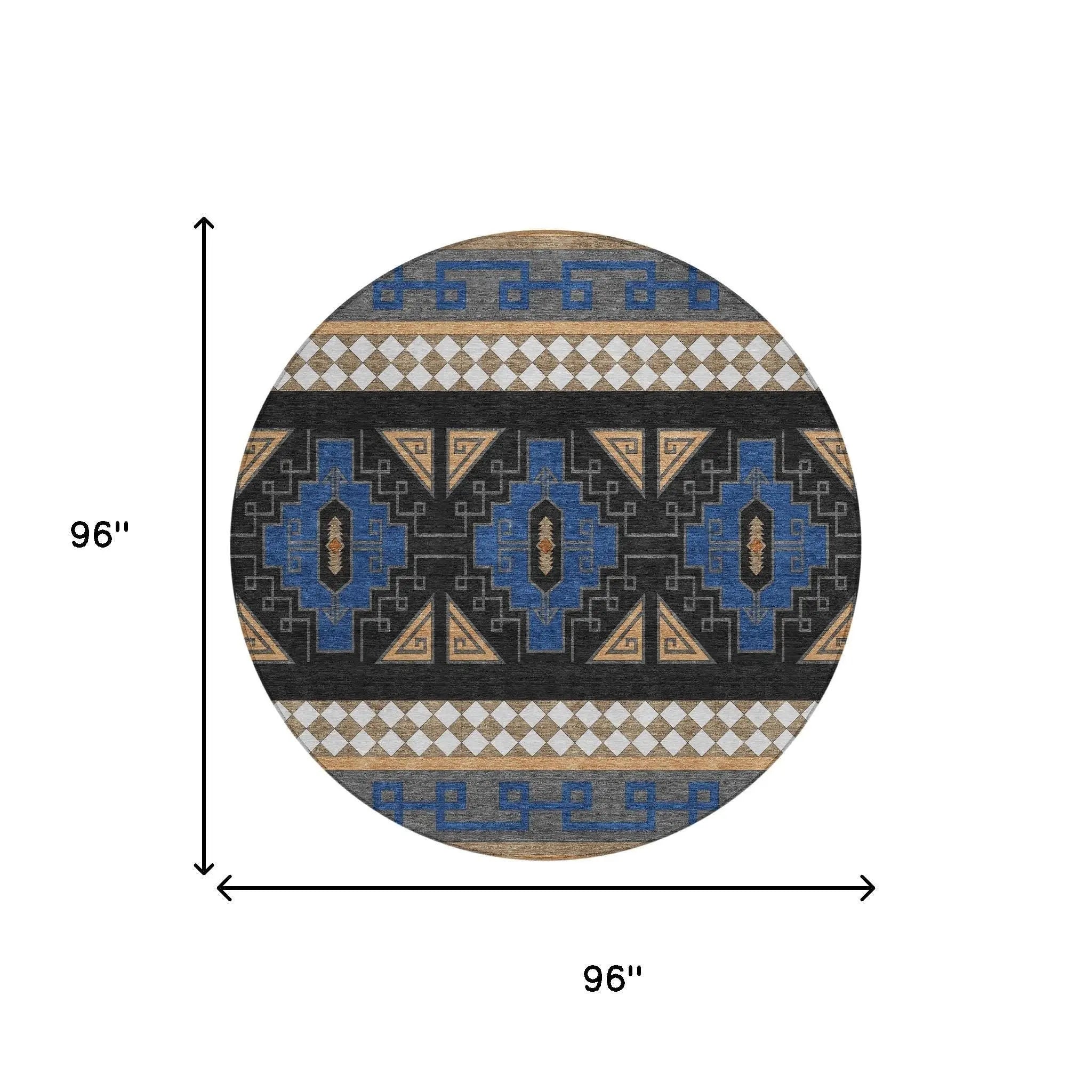 8' Navy Blue And Salmon Round Tribal Washable Indoor Outdoor Area Rug Homeroots Outdoor