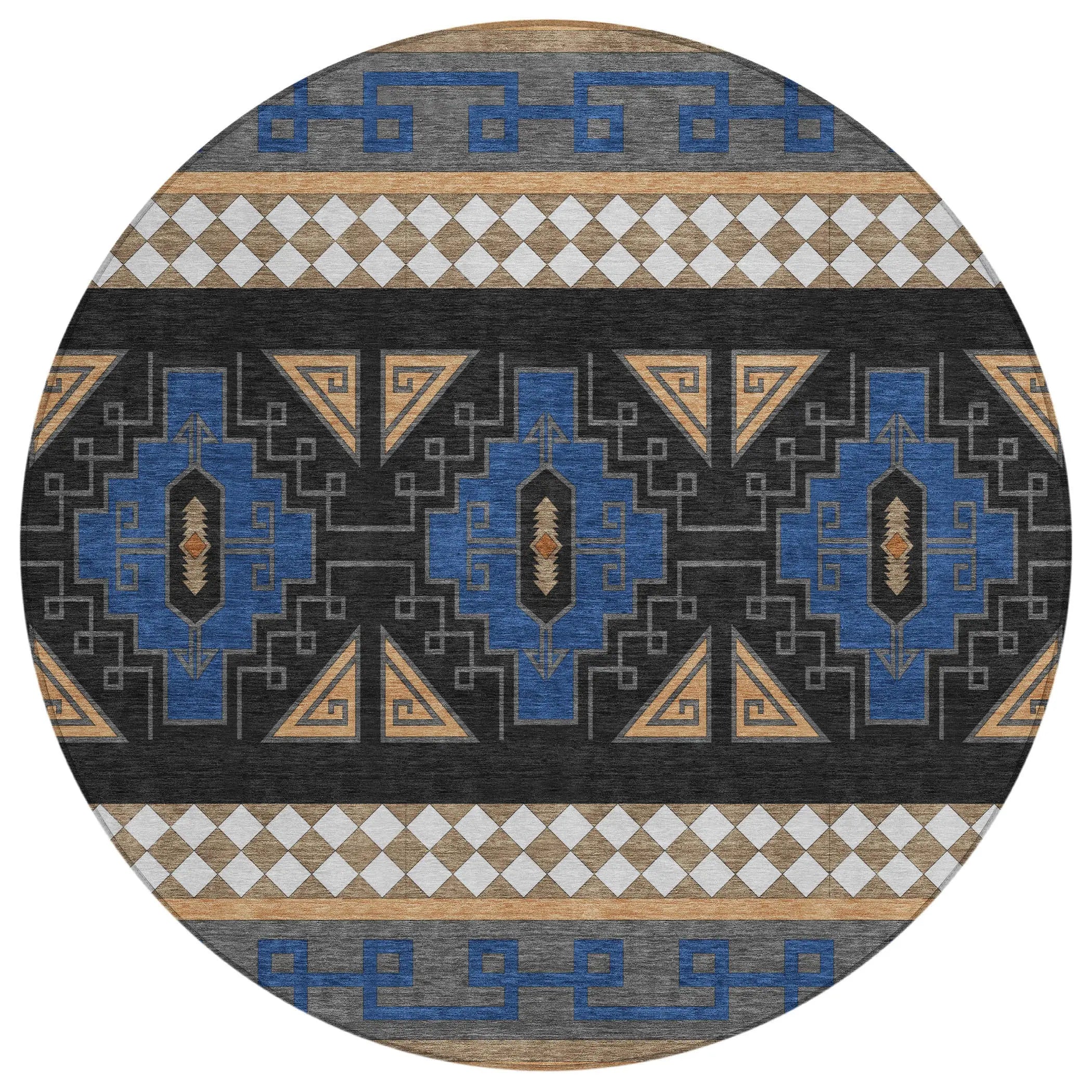 8' Navy Blue And Salmon Round Tribal Washable Indoor Outdoor Area Rug Homeroots Outdoor