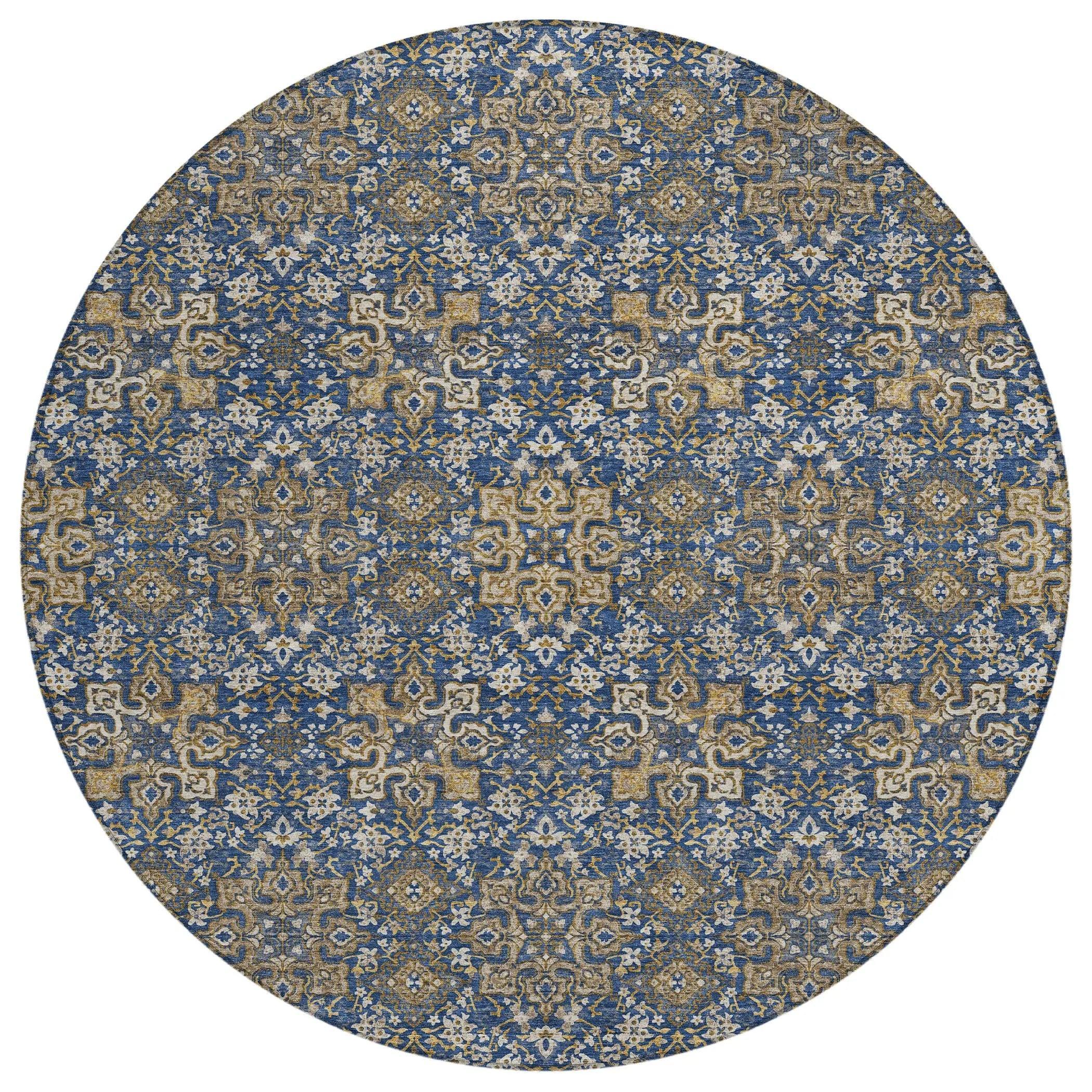 8' Navy Blue And Silver Round Oriental Washable Indoor Outdoor Area Rug Homeroots Outdoor