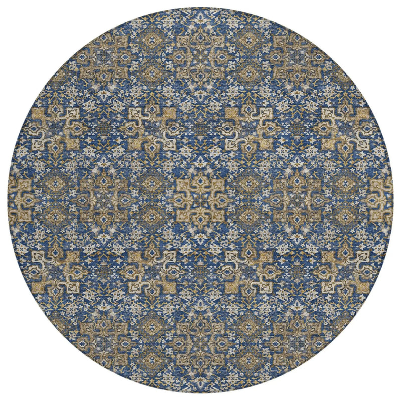 8' Navy Blue And Silver Round Oriental Washable Indoor Outdoor Area Rug Homeroots Outdoor