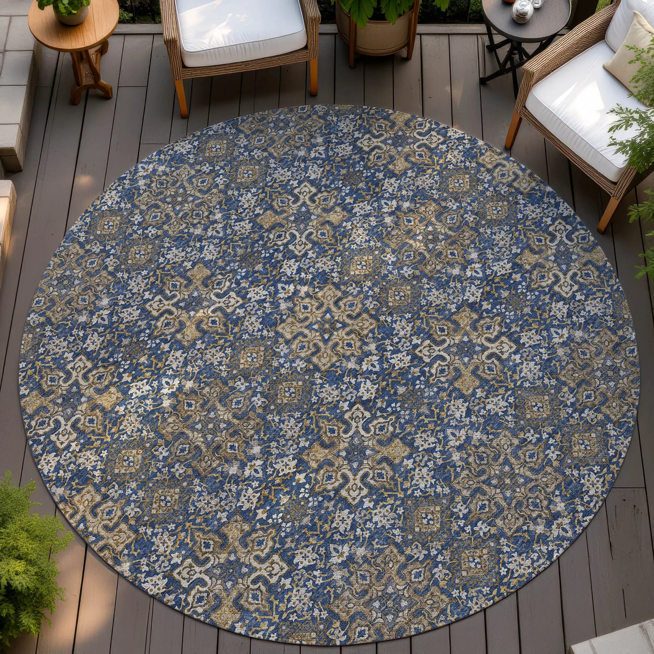 8' Navy Blue And Silver Round Oriental Washable Indoor Outdoor Area Rug Homeroots Outdoor