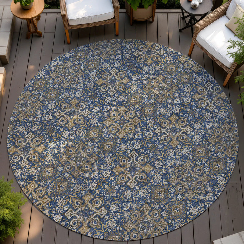 8' Navy Blue And Silver Round Oriental Washable Indoor Outdoor Area Rug Homeroots Outdoor