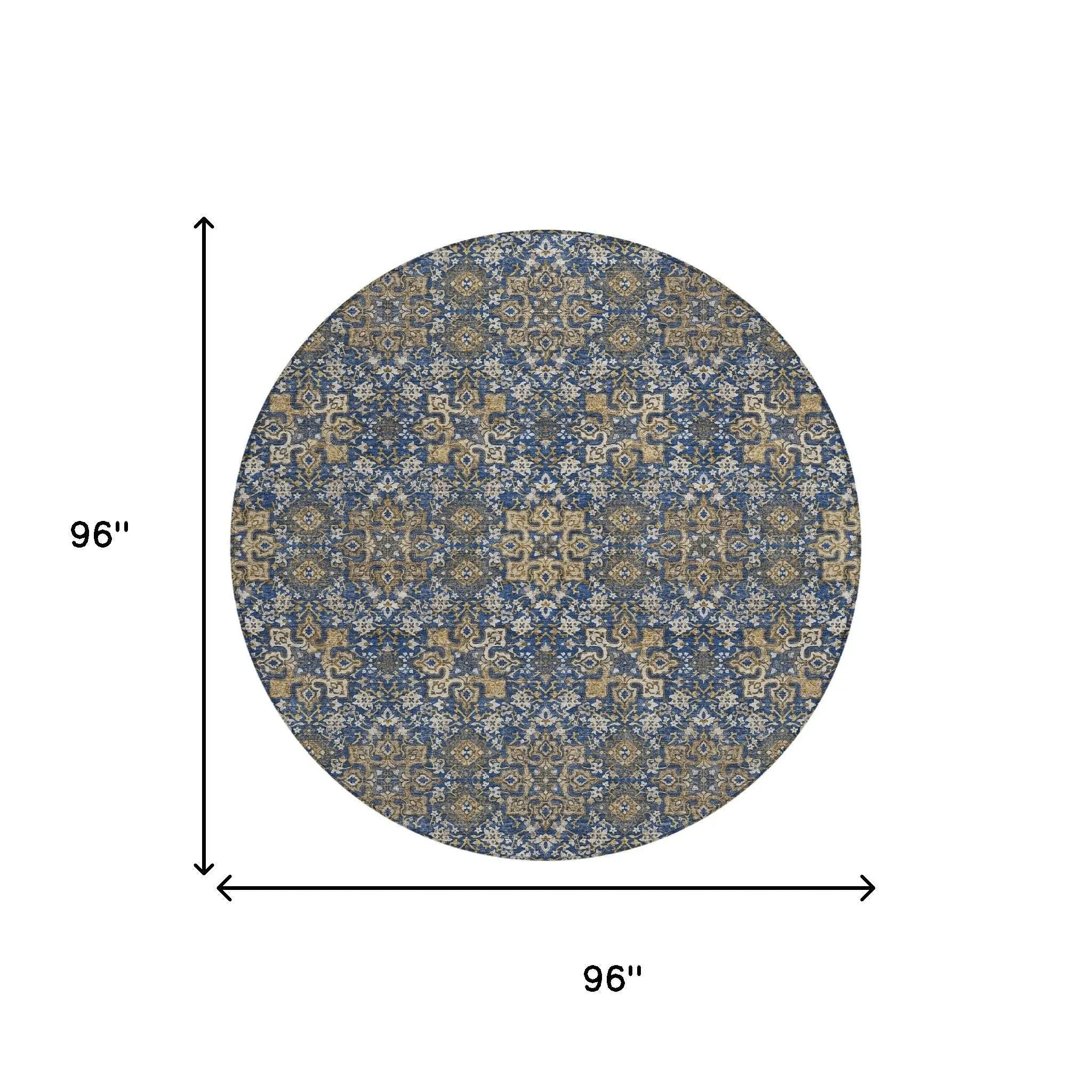 8' Navy Blue And Silver Round Oriental Washable Indoor Outdoor Area Rug Homeroots Outdoor