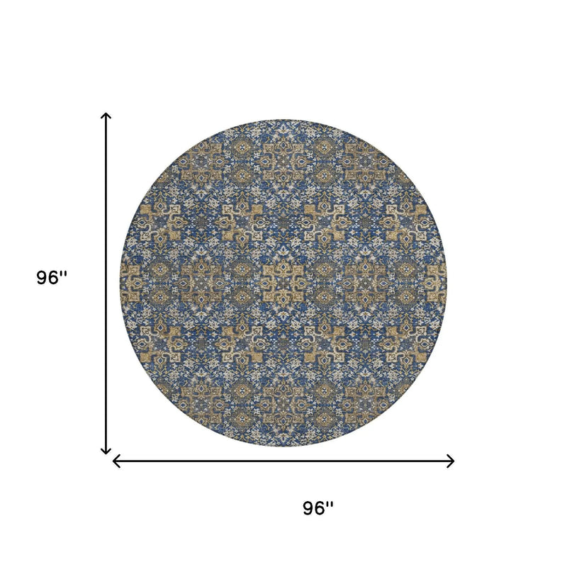 8' Navy Blue And Silver Round Oriental Washable Indoor Outdoor Area Rug Homeroots Outdoor
