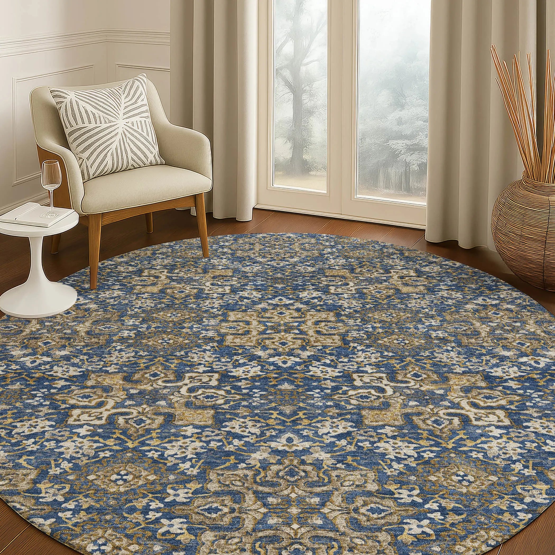 8' Navy Blue And Silver Round Oriental Washable Indoor Outdoor Area Rug Homeroots Outdoor